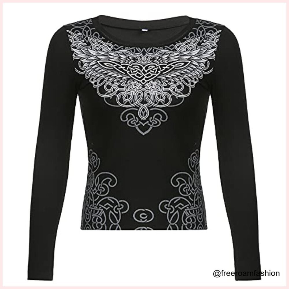 Long Sleeve V Neck Crop Top Slim Fit Y2K Grunge T-Shirt Rhinestone - Picture 4 of 7
